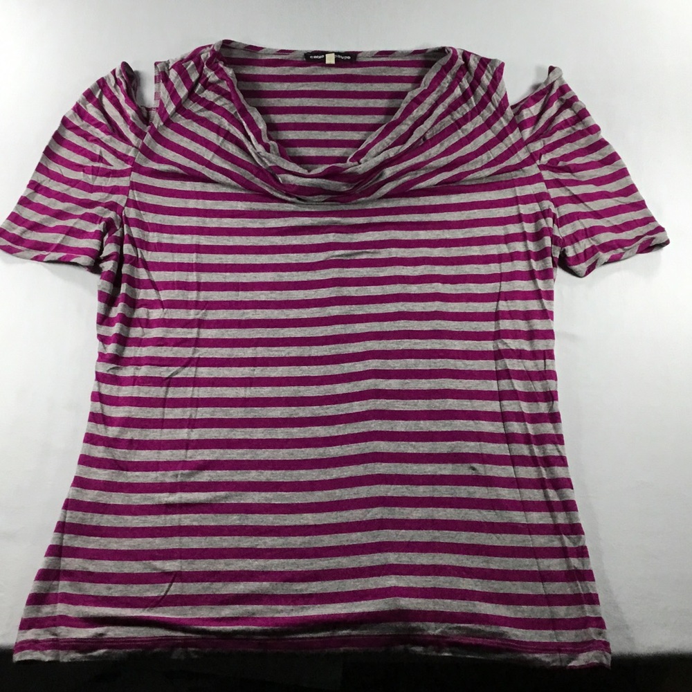 Cable&Gauge Y2K Striped CowlNeck Cold Shoulder Streetwear‎ Top Magenta Gray XL